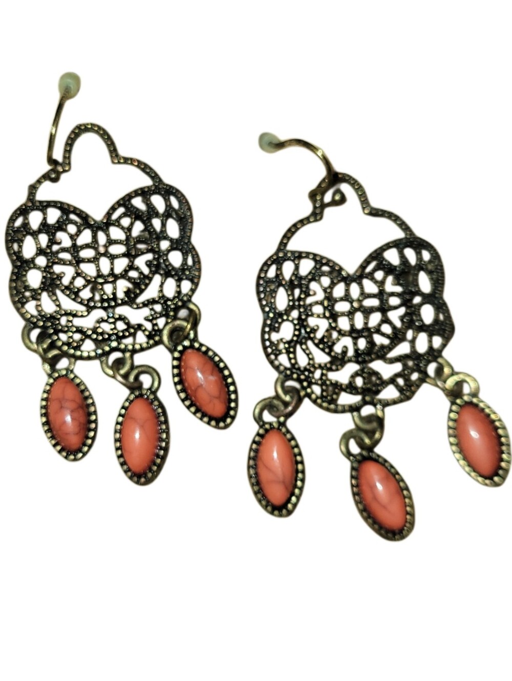 Filigree Drop Earrings with Coral Pink Accents